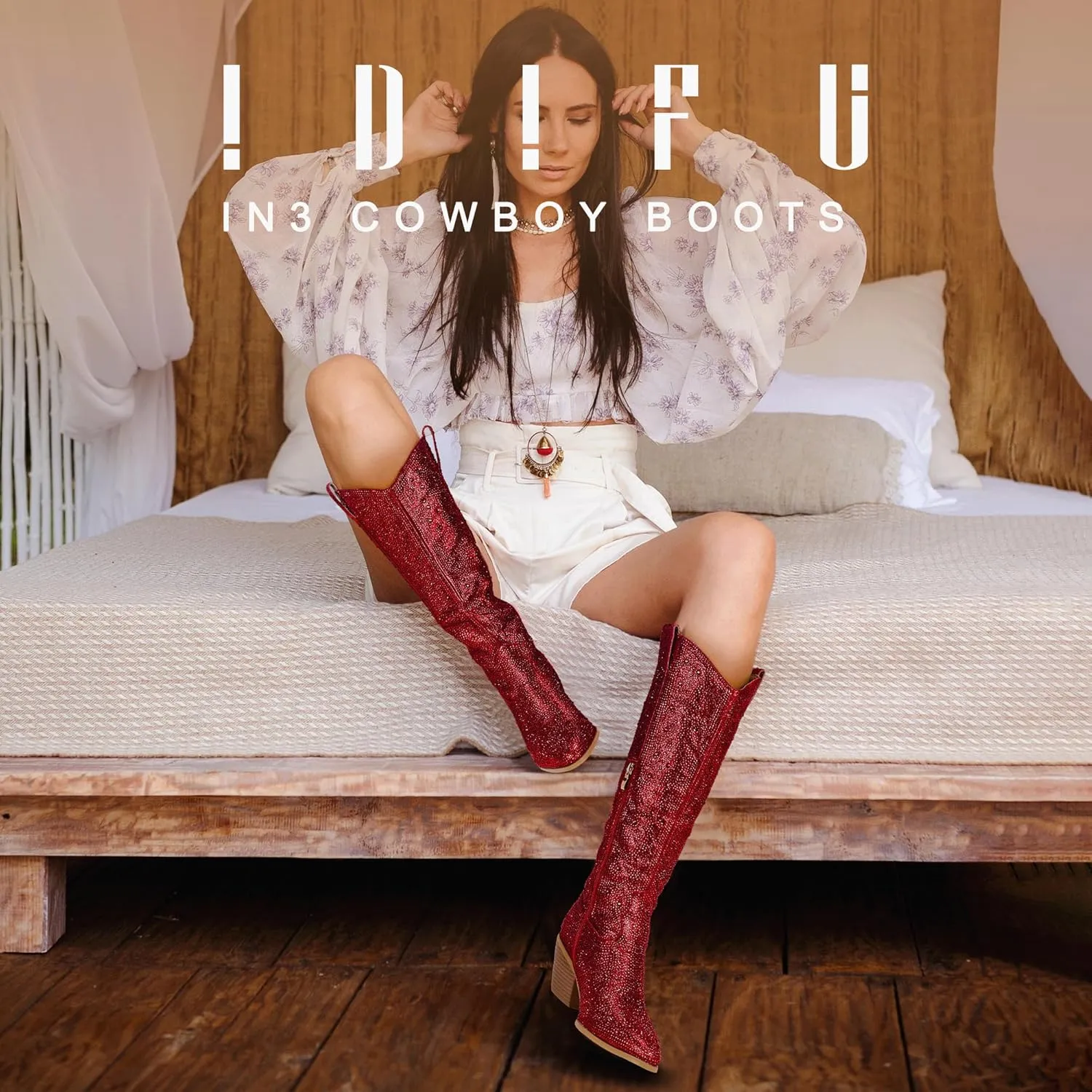 IDIFU IN3 Rhinestone Cowboy Boots For Women Knee High Western Cowgirl Boots Pointed Toe Block Chunky Heels Sparkly Glitter Long Tall Dress Booties Party Bling Shiny Boots