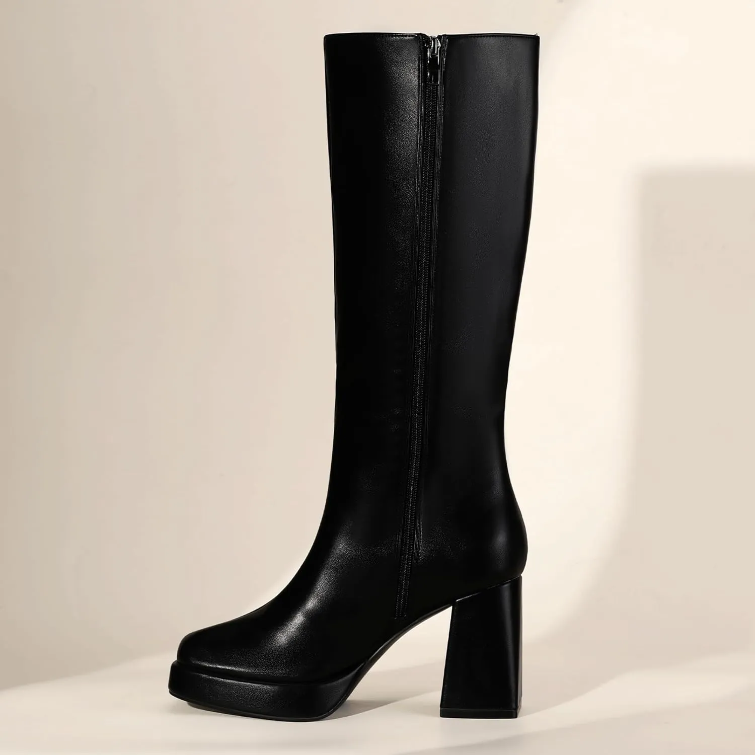 IDIFU IN4 Knee High Boots Women Platform Boots Tall High Long Square Toe Chunky Gogo Block Heel Boots Fall Dress Comfortable Fashion Cute Sexy Dance Booties for Women Zipper Heeled Boots