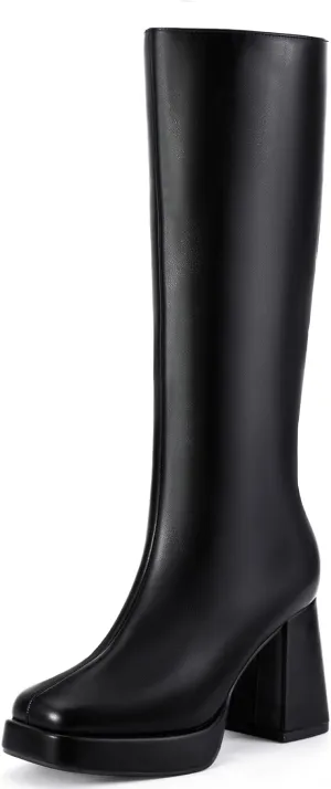 IDIFU IN4 Knee High Boots Women Platform Boots Tall High Long Square Toe Chunky Gogo Block Heel Boots Fall Dress Comfortable Fashion Cute Sexy Dance Booties for Women Zipper Heeled Boots