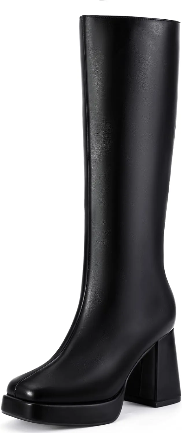 IDIFU IN4 Knee High Boots Women Platform Boots Tall High Long Square Toe Chunky Gogo Block Heel Boots Fall Dress Comfortable Fashion Cute Sexy Dance Booties for Women Zipper Heeled Boots