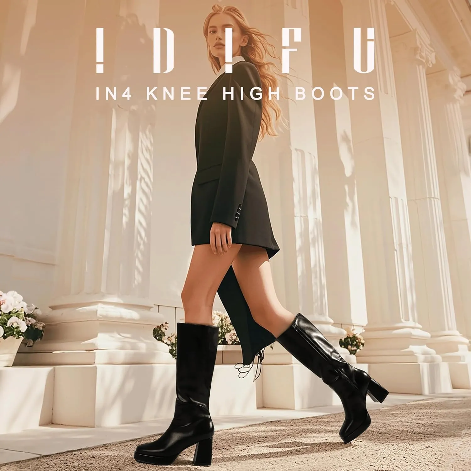 IDIFU IN4 Knee High Boots Women Platform Boots Tall High Long Square Toe Chunky Gogo Block Heel Boots Fall Dress Comfortable Fashion Cute Sexy Dance Booties for Women Zipper Heeled Boots
