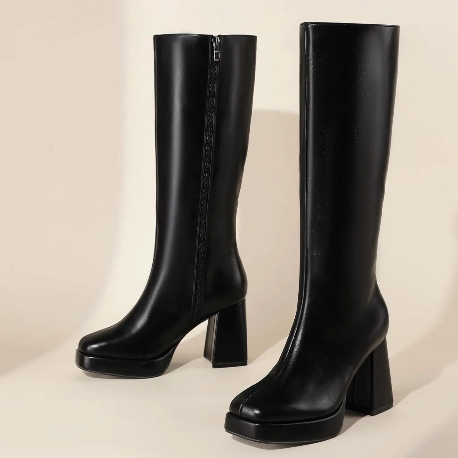 IDIFU IN4 Knee High Boots Women Platform Boots Tall High Long Square Toe Chunky Gogo Block Heel Boots Fall Dress Comfortable Fashion Cute Sexy Dance Booties for Women Zipper Heeled Boots