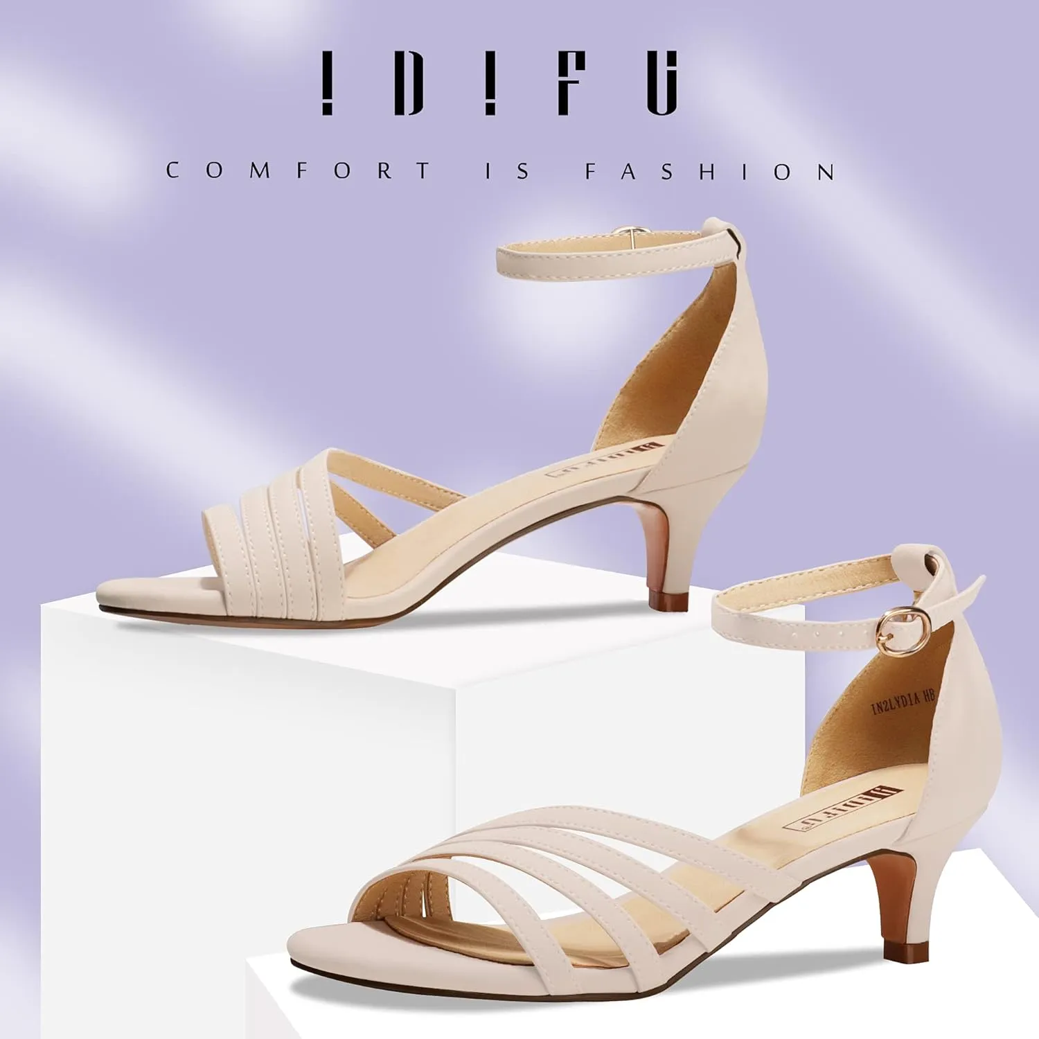 IDIFU Women's Low Kitten Strappy Sandals Heels Open Toe Ankle Strap Bridal Dress Wedding Shoes For Women
