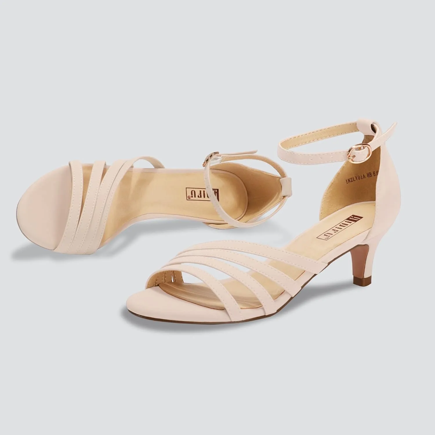 IDIFU Women's Low Kitten Strappy Sandals Heels Open Toe Ankle Strap Bridal Dress Wedding Shoes For Women