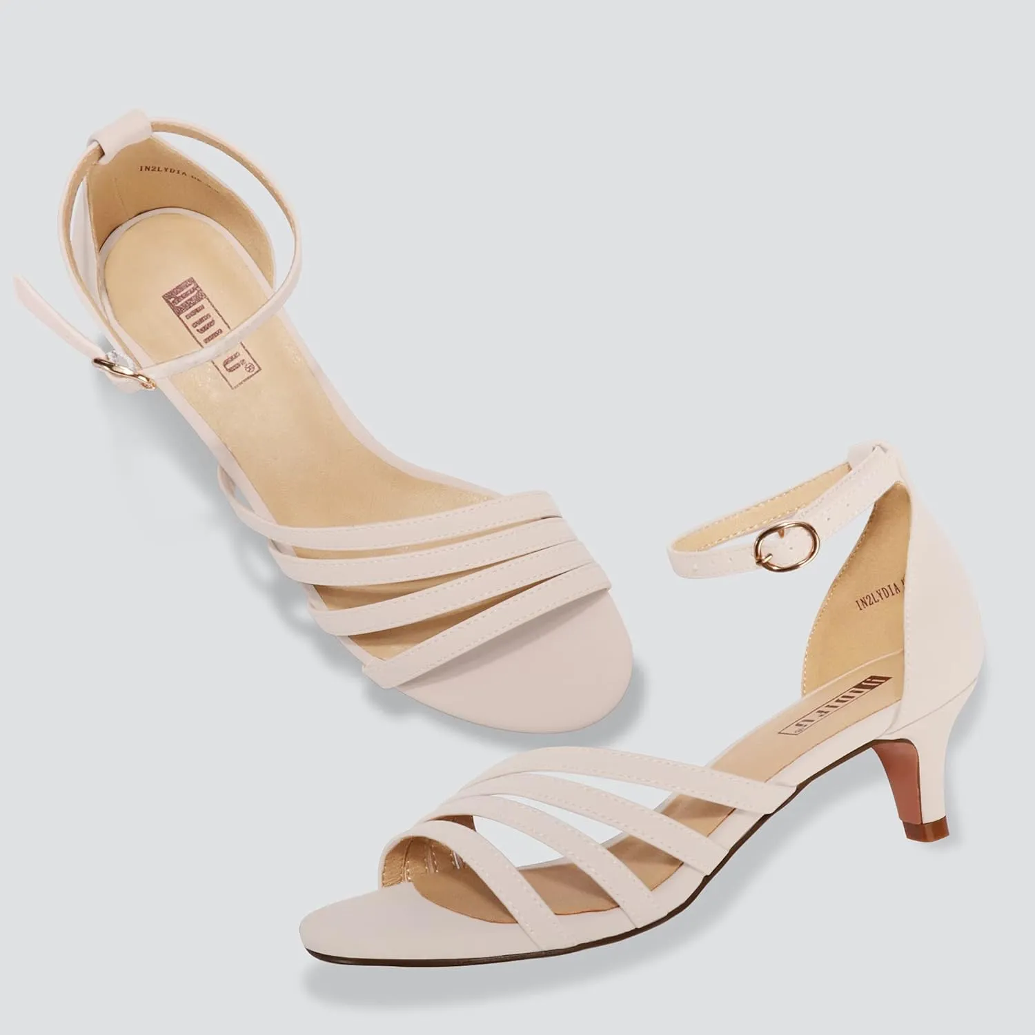 IDIFU Women's Low Kitten Strappy Sandals Heels Open Toe Ankle Strap Bridal Dress Wedding Shoes For Women