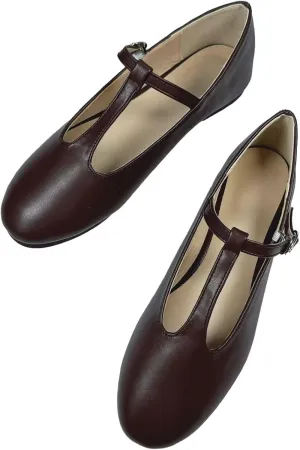 INEELUYI Women's PU Leather Mary Janes Flats Shoes T-Strap Buckle Round Toe Flats Shoes Casual Dressy Ballerina Shoes