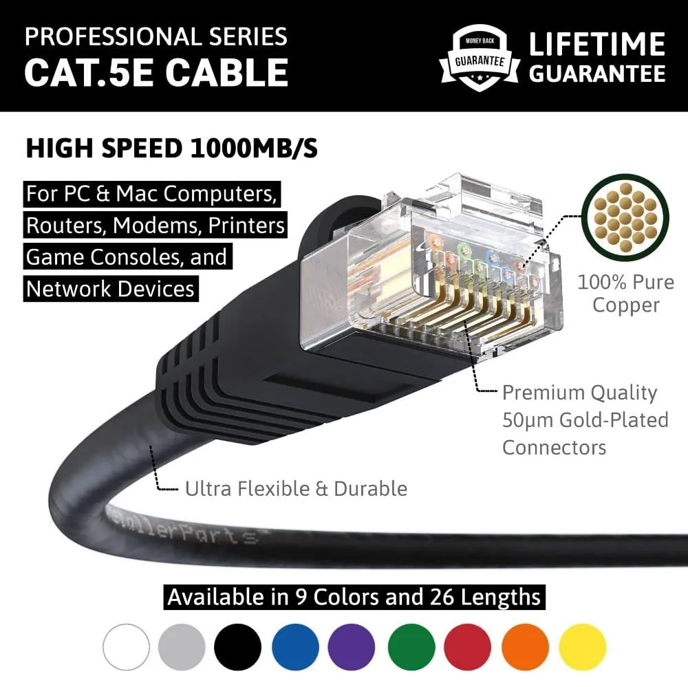 InstallerParts (10 Pack Ethernet Cable CAT5E Cable UTP Booted 6 FT - Black - Professional Series - 1Gigabit/Sec Network/Internet Cable, 350MHZ