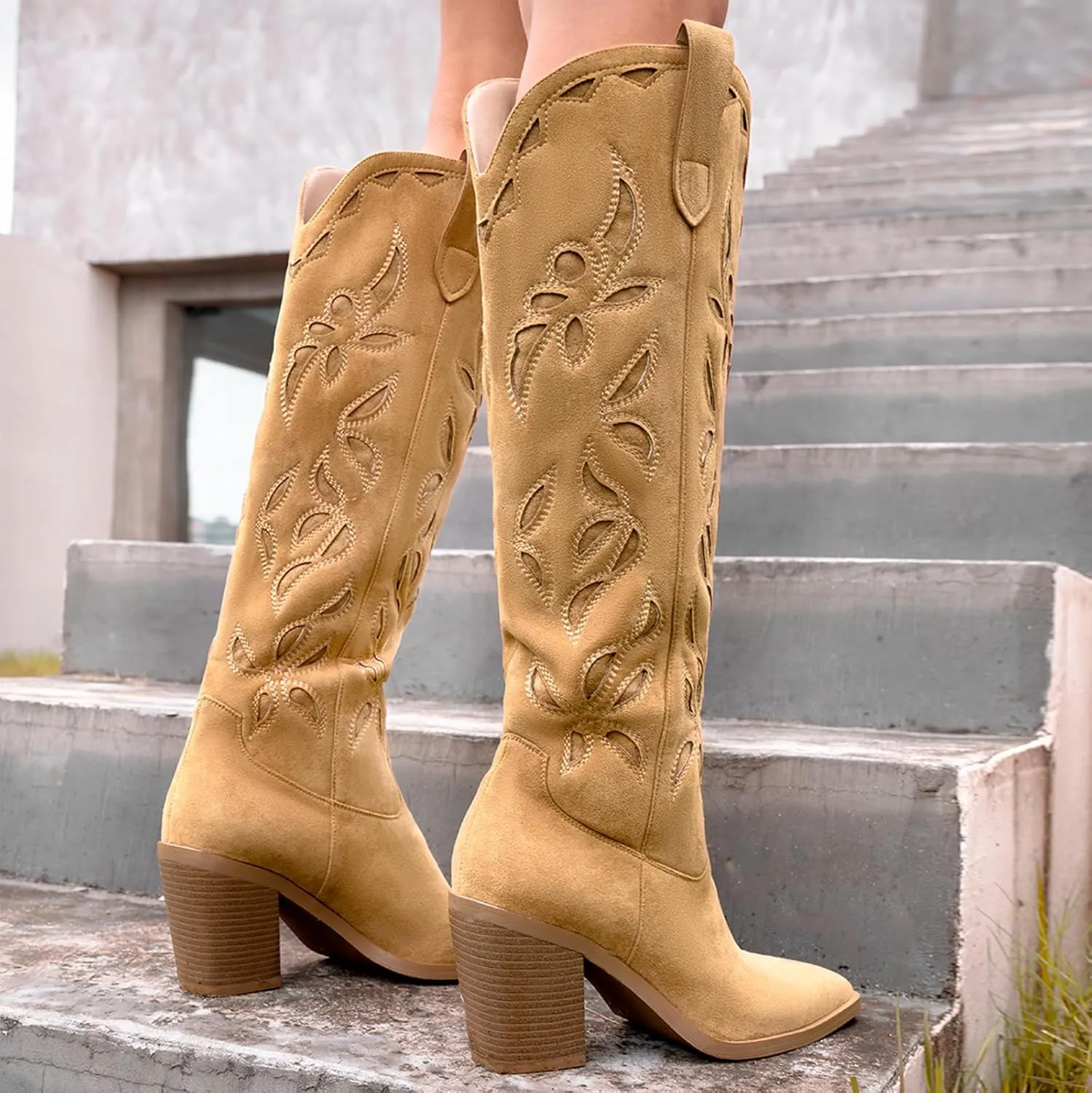 ISNOM Knee High Cowboy Cowgirl Boots for Women, Western Boots with Pull On Tab, Chunky Heel Design, Unique and Stylish