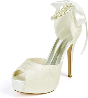 Ivory Wedding Shoes for Bride High Heel Platform Bridal Shoes Pearls Ribbon Tie Wedding Heels for Women Dress Pumps