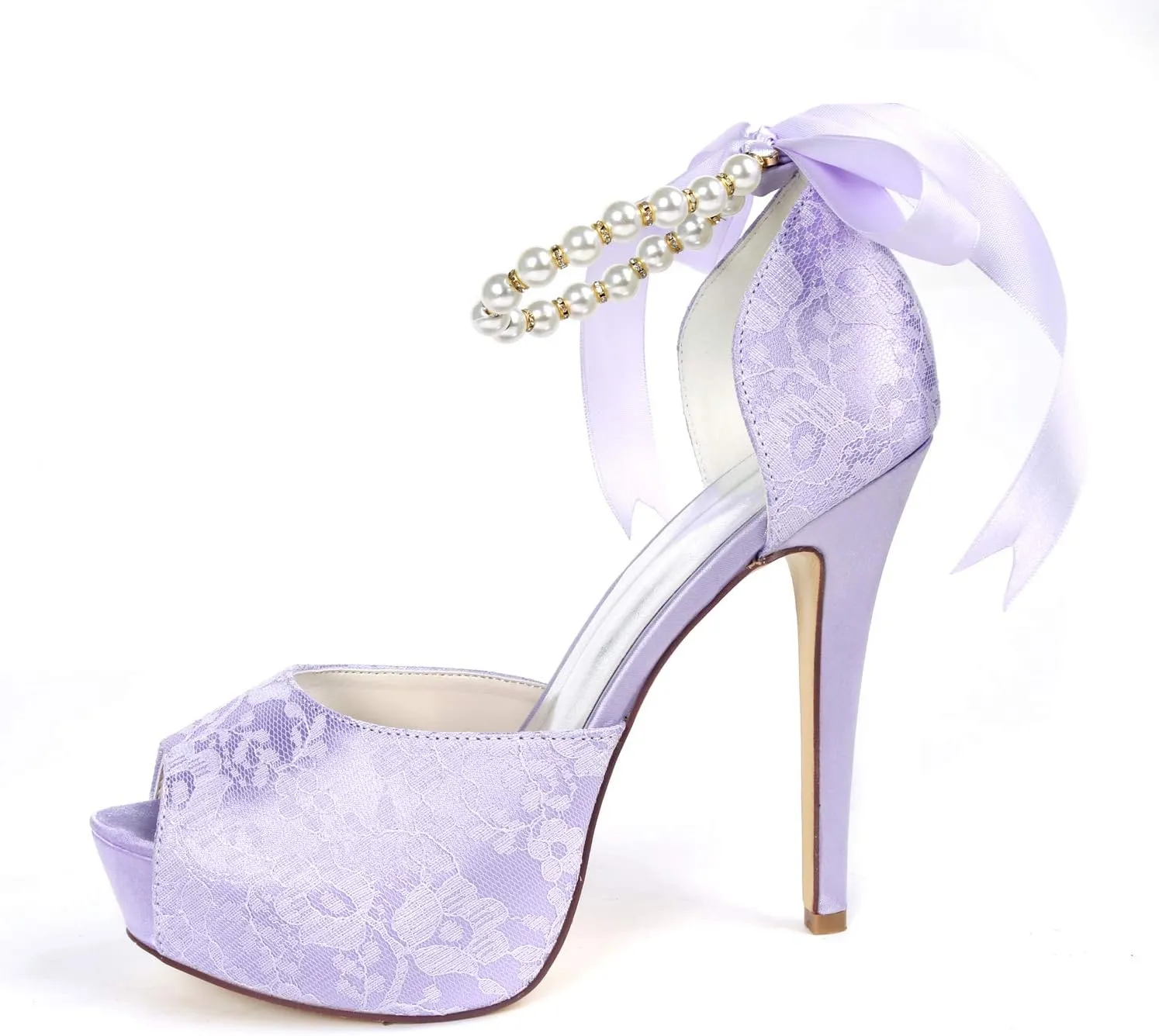 Ivory Wedding Shoes for Bride High Heel Platform Bridal Shoes Pearls Ribbon Tie Wedding Heels for Women Dress Pumps