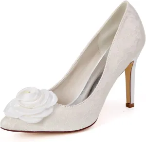 Ivory Wedding Shoes Women's 3.74 Inches Stiletto Heel Lace Satin Pumps with Flower Imitation Bridal Shoes,Ivory,12