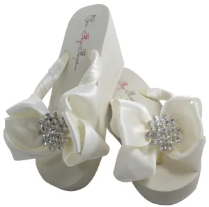 Jeweled Satin Bow Bridal Flip Flops, Ivory or White Wedge & Flats