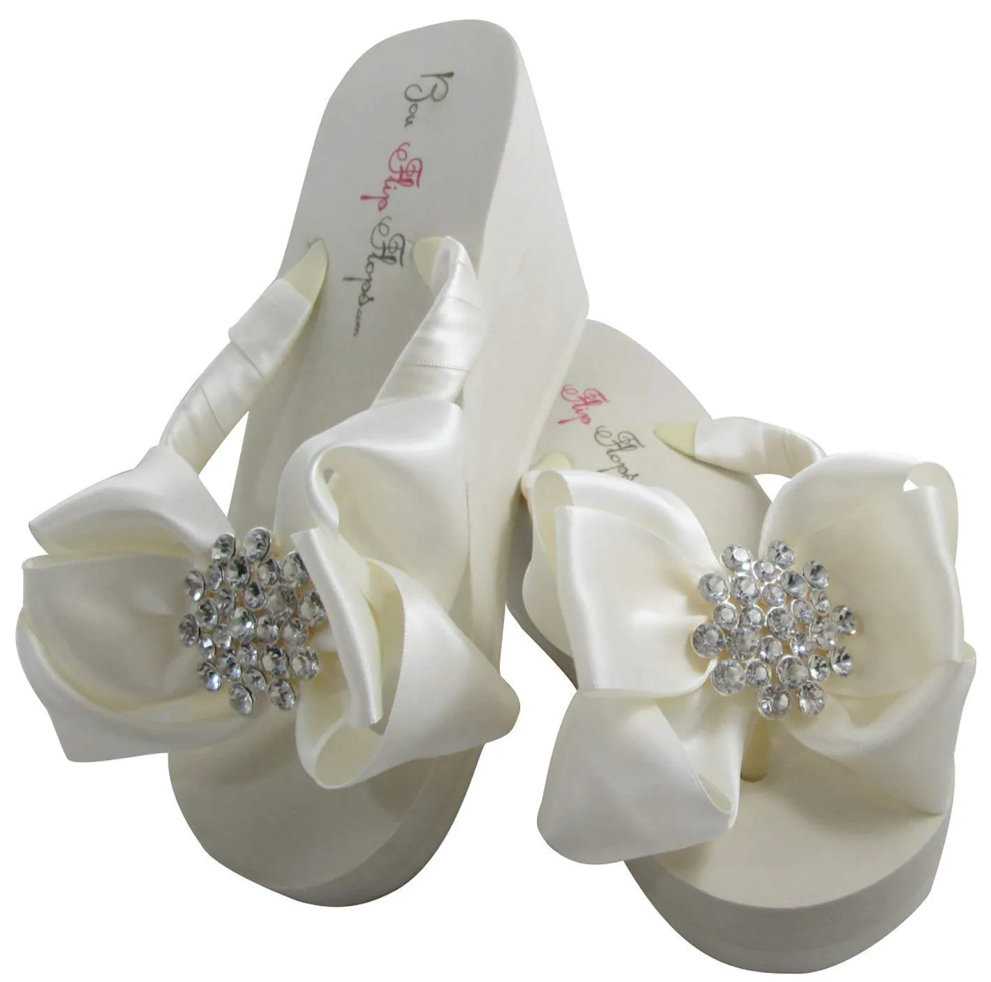 Jeweled Satin Bow Bridal Flip Flops, Ivory or White Wedge & Flats