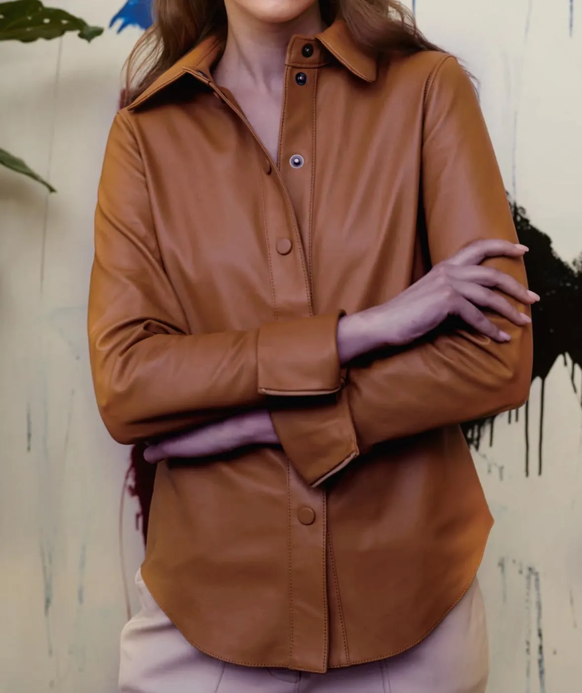 Jild Casual Shirt Leather Jacket Women - Long Sleeve Snap Button Down Soft Lambskin Leather Shacket Regular and Plus Size