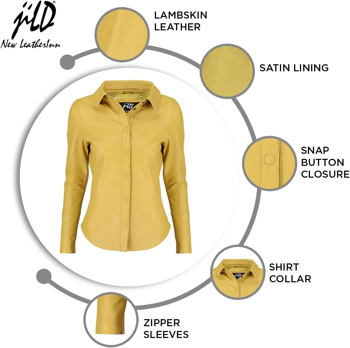 Jild Casual Shirt Leather Jacket Women - Long Sleeve Snap Button Down Soft Lambskin Leather Shacket Regular and Plus Size