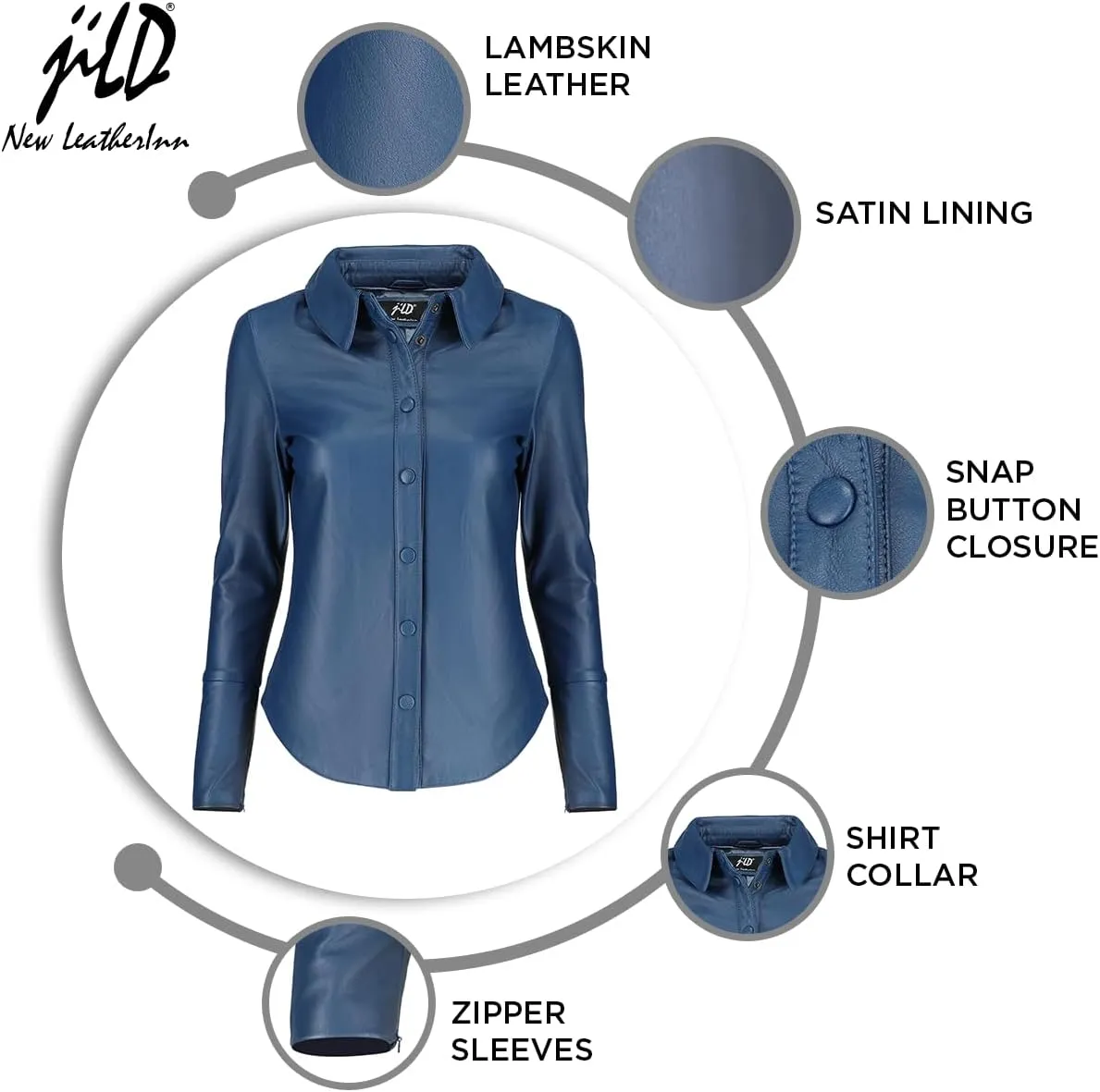 Jild Casual Shirt Leather Jacket Women - Long Sleeve Snap Button Down Soft Lambskin Leather Shacket Regular and Plus Size