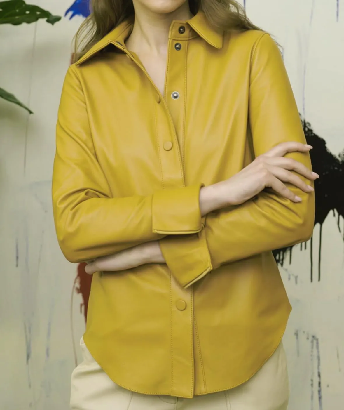 Jild Casual Shirt Leather Jacket Women - Long Sleeve Snap Button Down Soft Lambskin Leather Shacket Regular and Plus Size