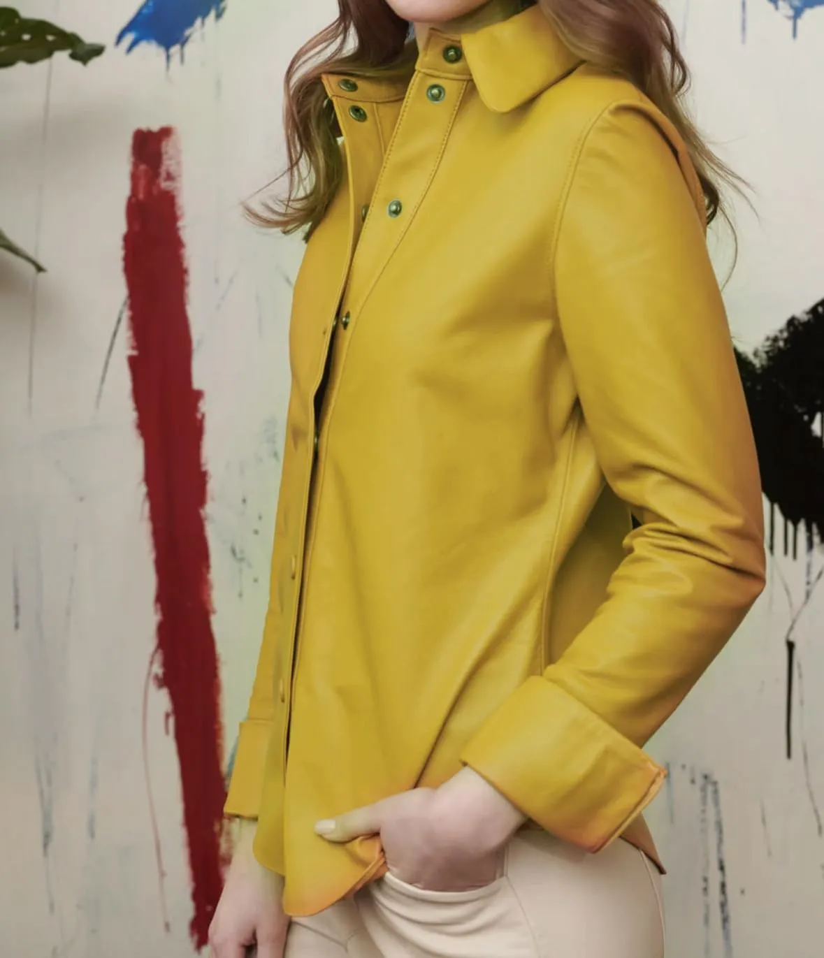Jild Casual Shirt Leather Jacket Women - Long Sleeve Snap Button Down Soft Lambskin Leather Shacket Regular and Plus Size