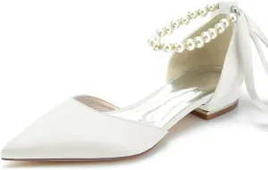 JOEupin Women Pointed Toe Pearl Wedding Flats Satin Flat Bridal Shoes for Bride Prom Evening Bridal Party Dress Flats