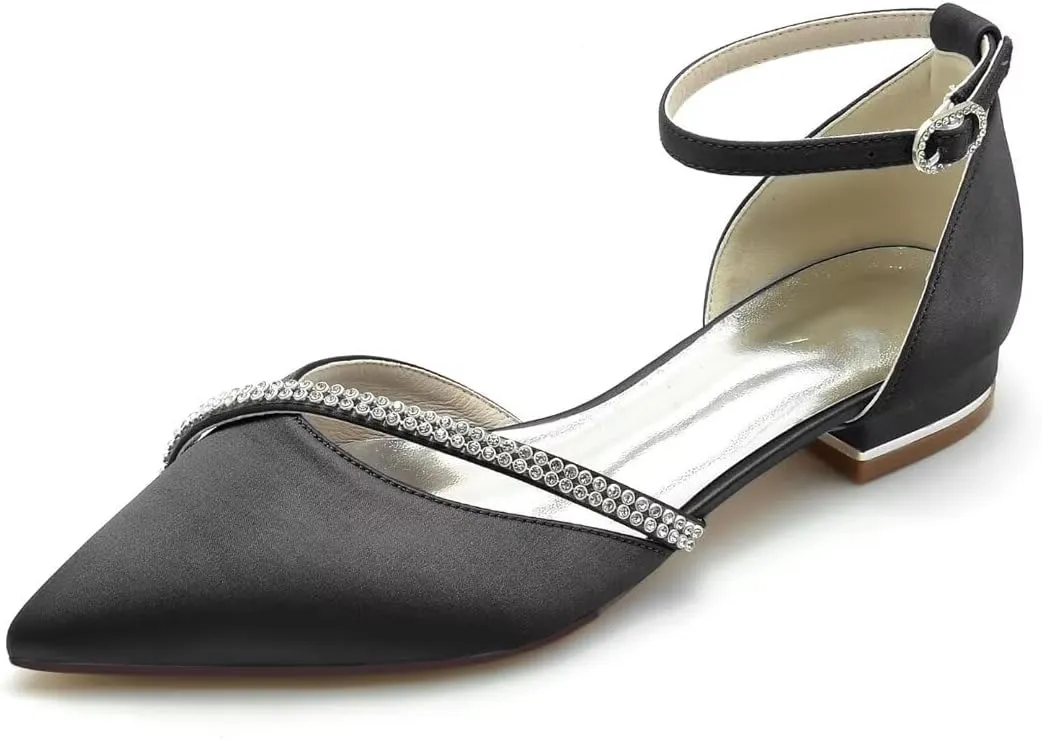 JOEupin Women Satin Crystal Wedding Flats for Bride Wedding Pointed Toe Prom Evening Bridal Party Dress Flats