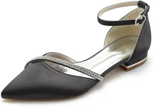 JOEupin Women Satin Crystal Wedding Flats for Bride Wedding Pointed Toe Prom Evening Bridal Party Dress Flats