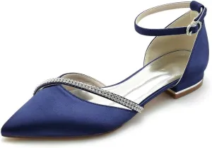 JOEupin Women Satin Crystal Wedding Flats for Bride Wedding Pointed Toe Prom Evening Bridal Party Dress Flats