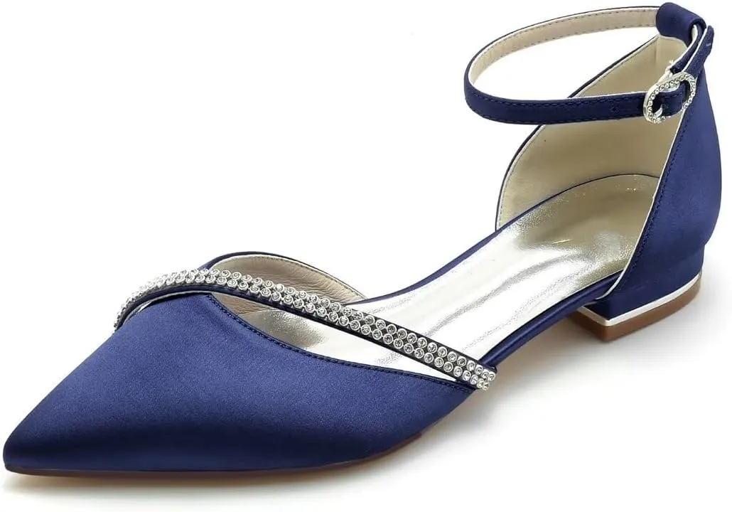 JOEupin Women Satin Crystal Wedding Flats for Bride Wedding Pointed Toe Prom Evening Bridal Party Dress Flats