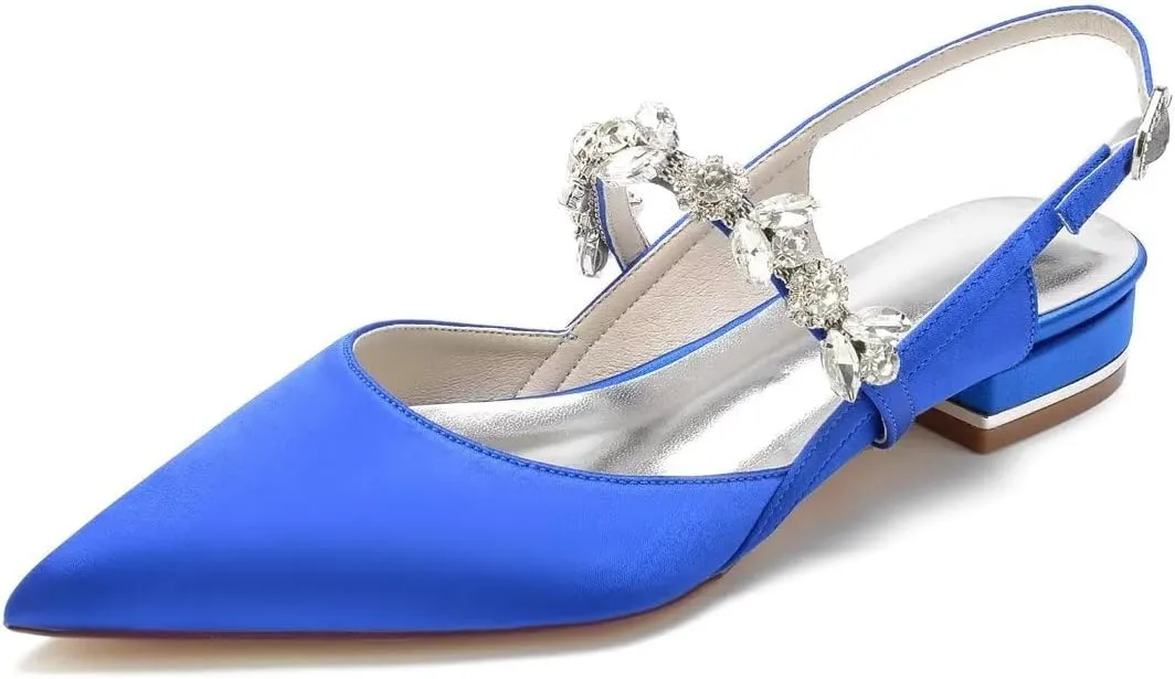 JOEupin Women's Pointed Toe Crystal Wedding Flats for Bride Satin Wedding Shoes Sling Back Bridal Flats Evening Prom Party Shoes