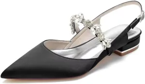 JOEupin Women's Pointed Toe Crystal Wedding Flats for Bride Satin Wedding Shoes Sling Back Bridal Flats Evening Prom Party Shoes
