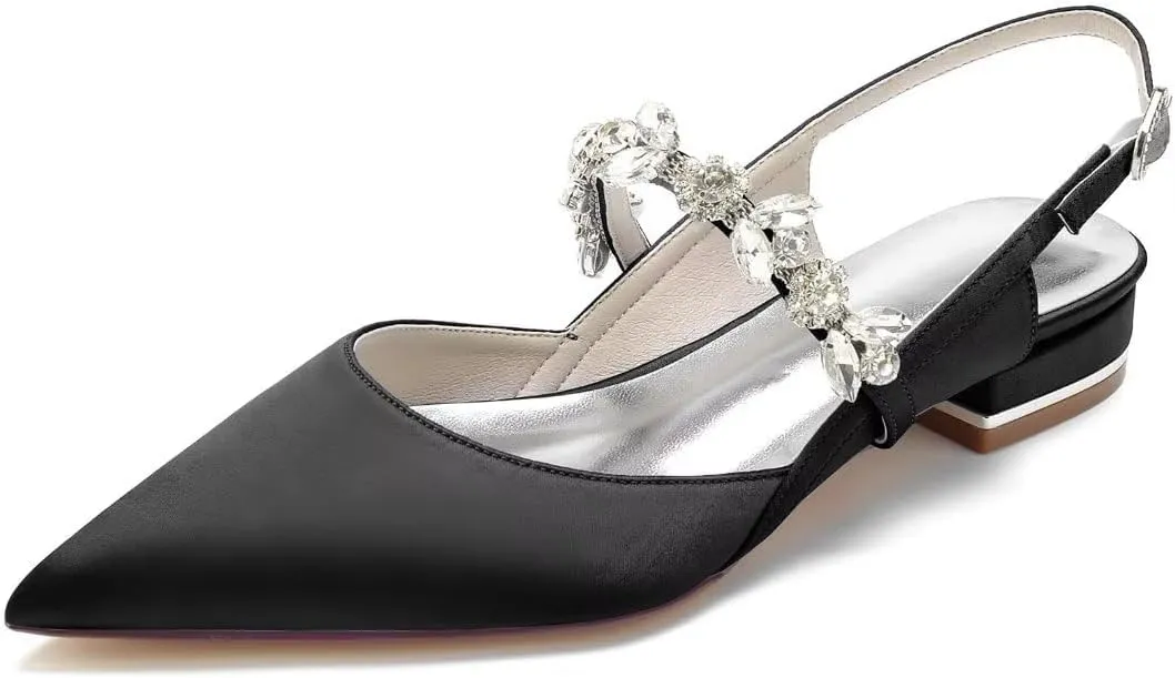 JOEupin Women's Pointed Toe Crystal Wedding Flats for Bride Satin Wedding Shoes Sling Back Bridal Flats Evening Prom Party Shoes