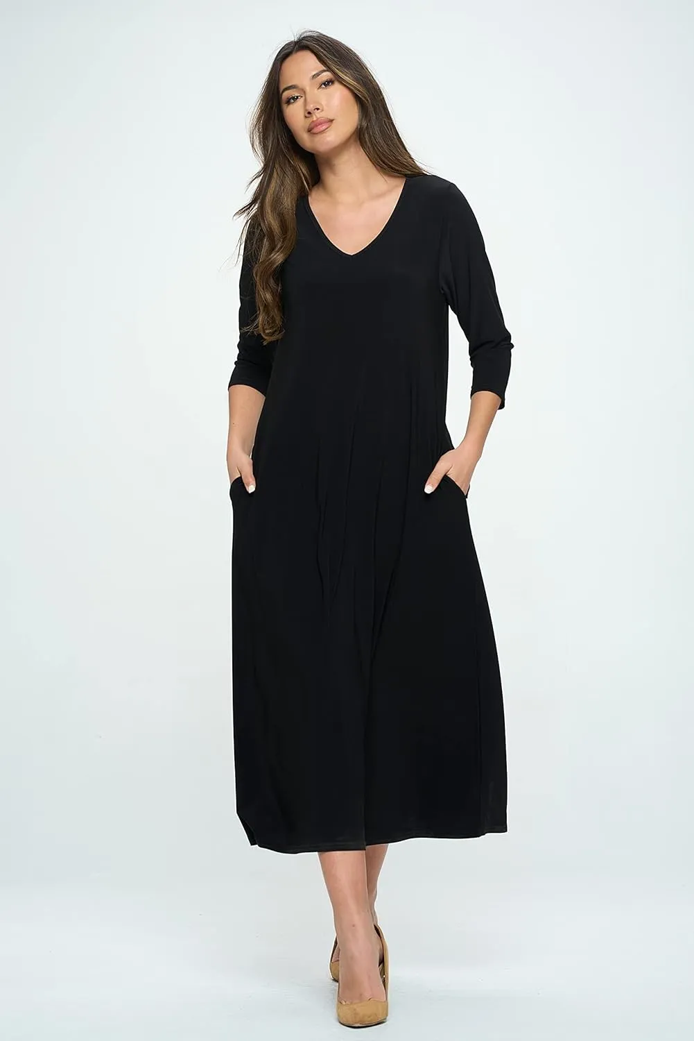 Jostar Women's Casual Long Dress – 3/4 Sleeve V-Neck Casual Print Solid One Piece with Pockets