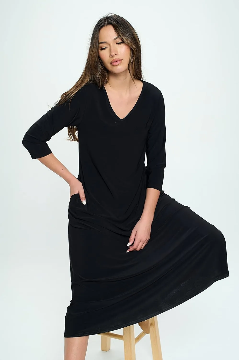 Jostar Women's Casual Long Dress – 3/4 Sleeve V-Neck Casual Print Solid One Piece with Pockets