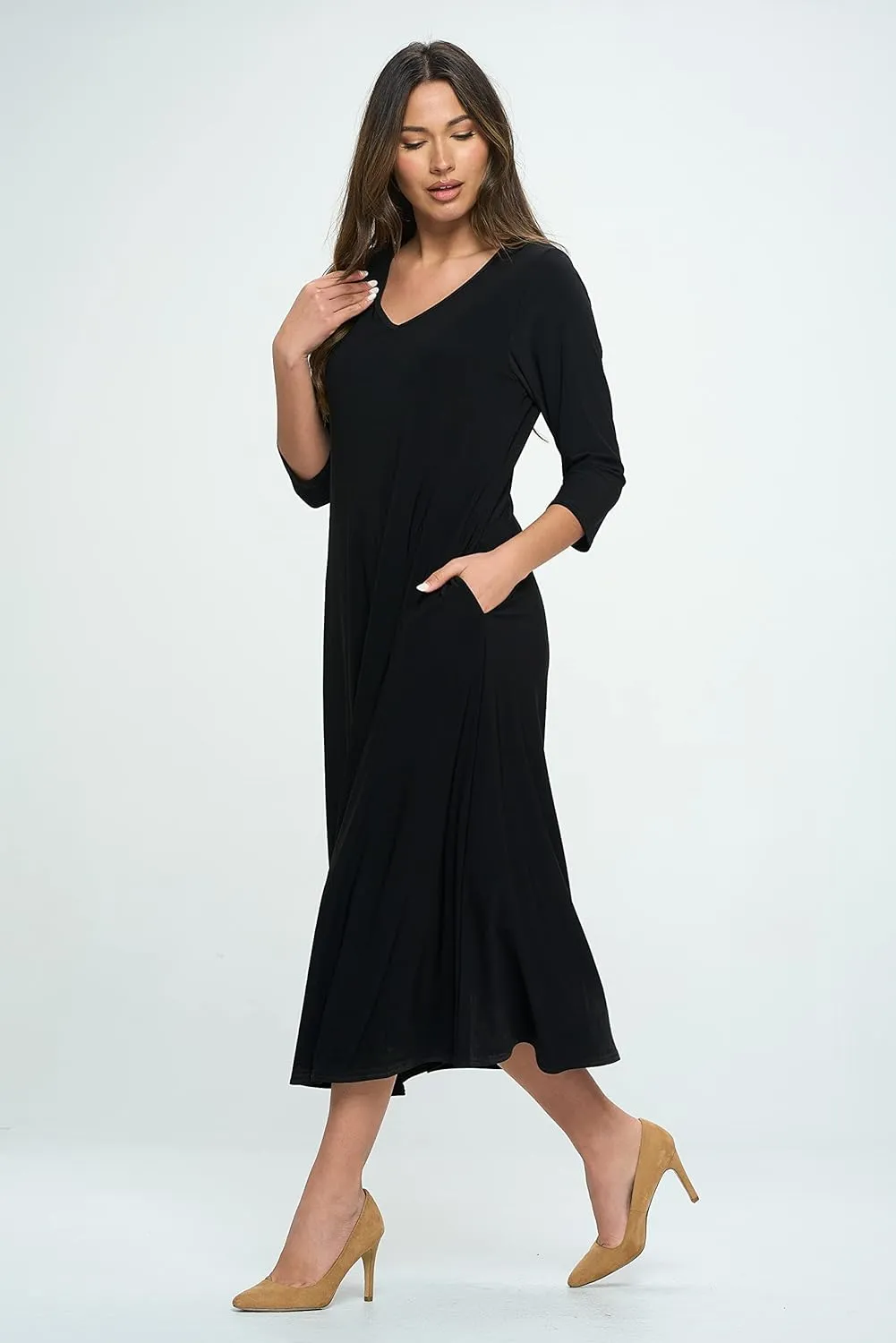 Jostar Women's Casual Long Dress – 3/4 Sleeve V-Neck Casual Print Solid One Piece with Pockets