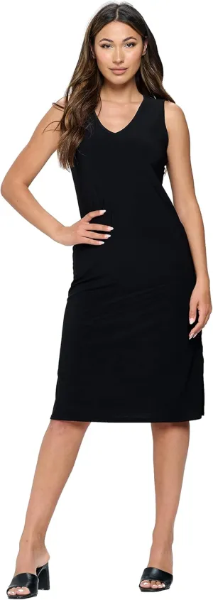 Jostar Women's Midi Tank Dress - Sleeveless V-Neck with Side Slit Knee Length Casual Basic One Piece 7080HT-TRS1-BLK L Black