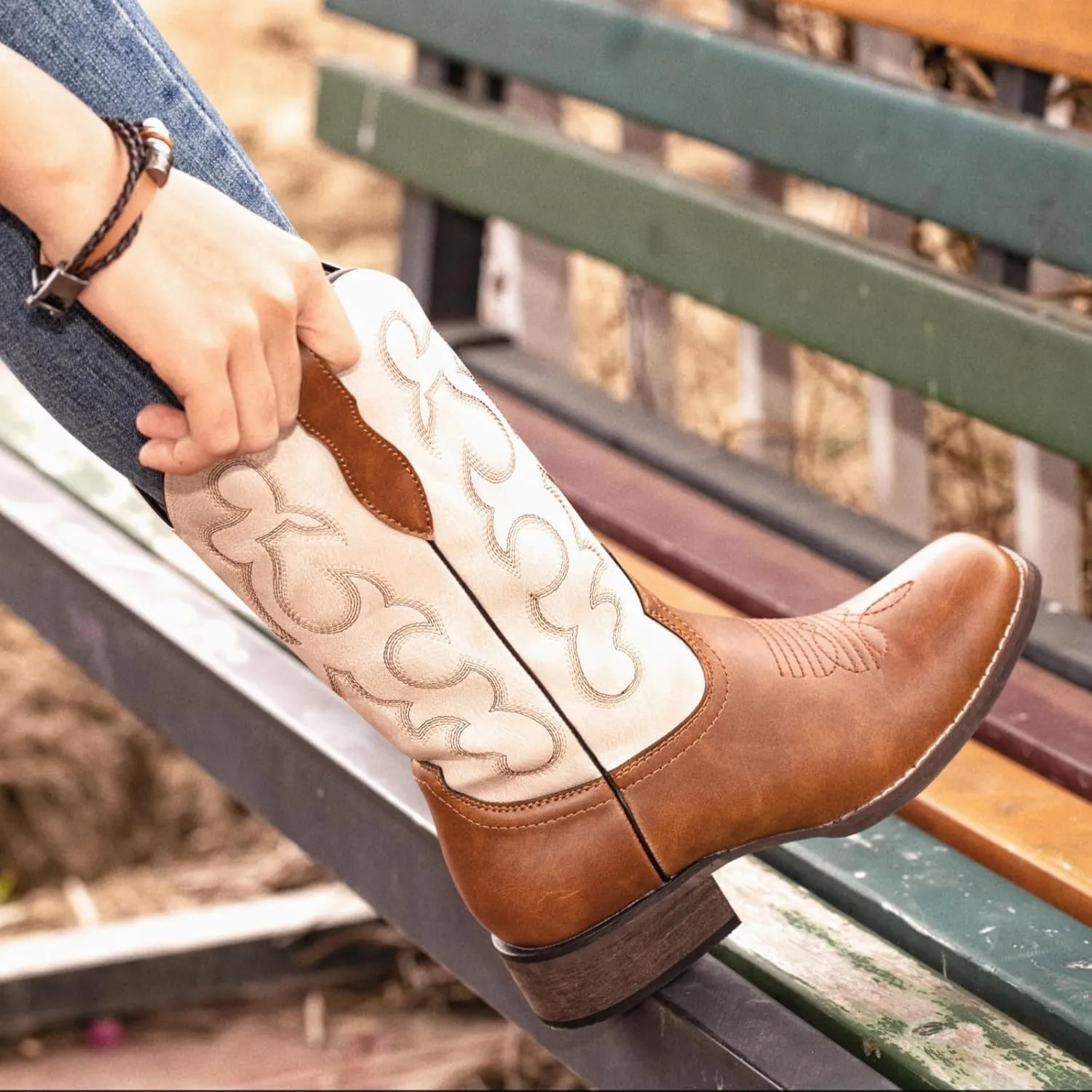 J's.o.l.e Square Toe Cowboy Boots for Women Cowgirl Fashion Two-toned Western Boots Mid Calf Brown