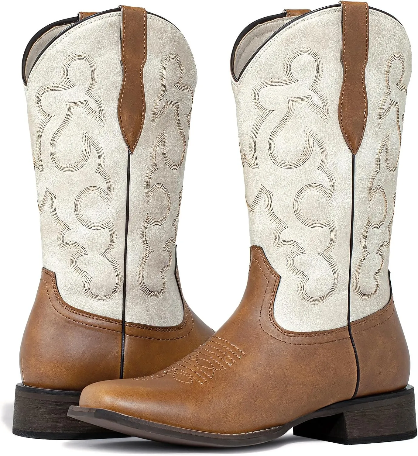 J's.o.l.e Square Toe Cowboy Boots for Women Cowgirl Fashion Two-toned Western Boots Mid Calf Brown