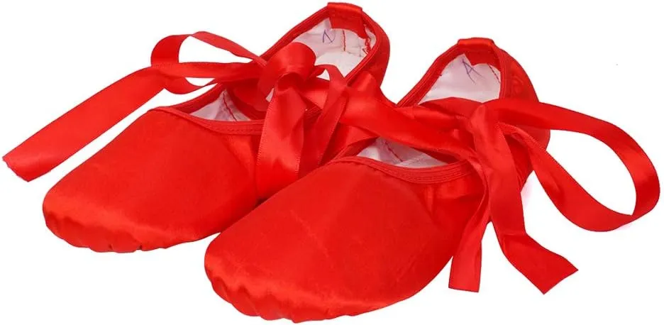 JUODVMP Girls Ballet Dance Shoes Satin Slippers Gymnastics Flats Split Sole with Ribbon,Model TJBLDM
