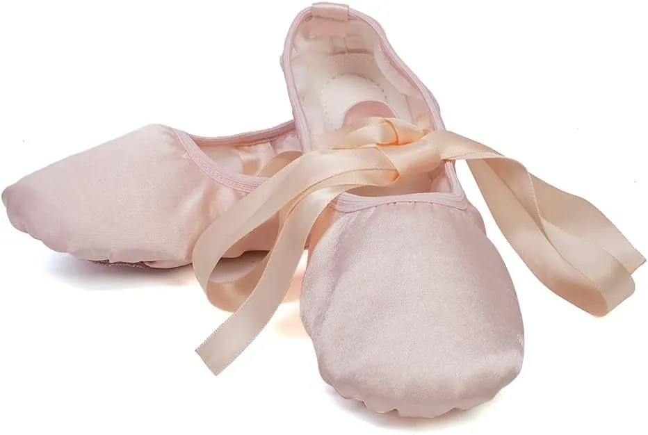 JUODVMP Girls Ballet Dance Shoes Satin Slippers Gymnastics Flats Split Sole with Ribbon,Model TJBLDM