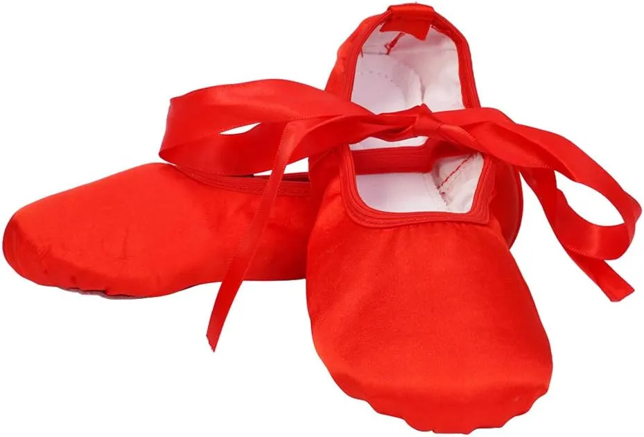 JUODVMP Girls Ballet Dance Shoes Satin Slippers Gymnastics Flats Split Sole with Ribbon,Model TJBLDM