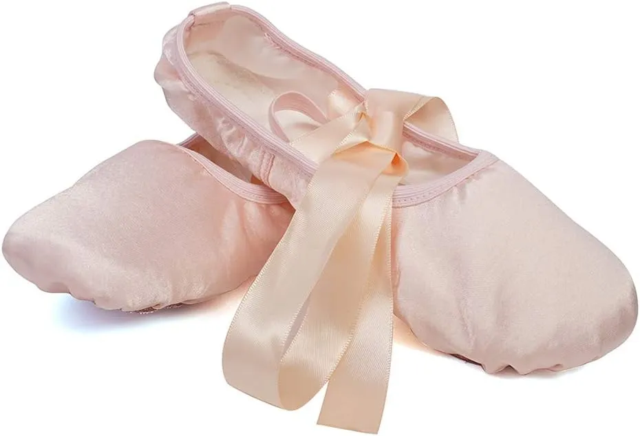 JUODVMP Girls Ballet Dance Shoes Satin Slippers Gymnastics Flats Split Sole with Ribbon,Model TJBLDM