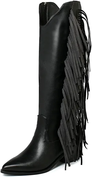 KiutSymo Cowgirl Fringe Boots For Women White Tassels Cowboy Boots Knee High Pointed Toe Western Boots