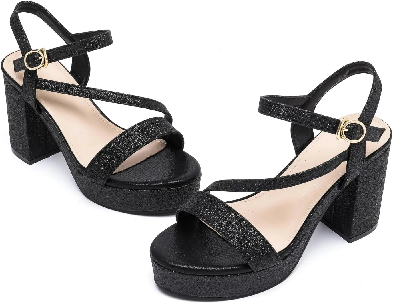 kkdom Platform Heels for Women Strappy Block Chunky High Heels Open Toe Fashion Party Evening Prom Wedding Ankle Buckle Dress Pump Sandals Shoes