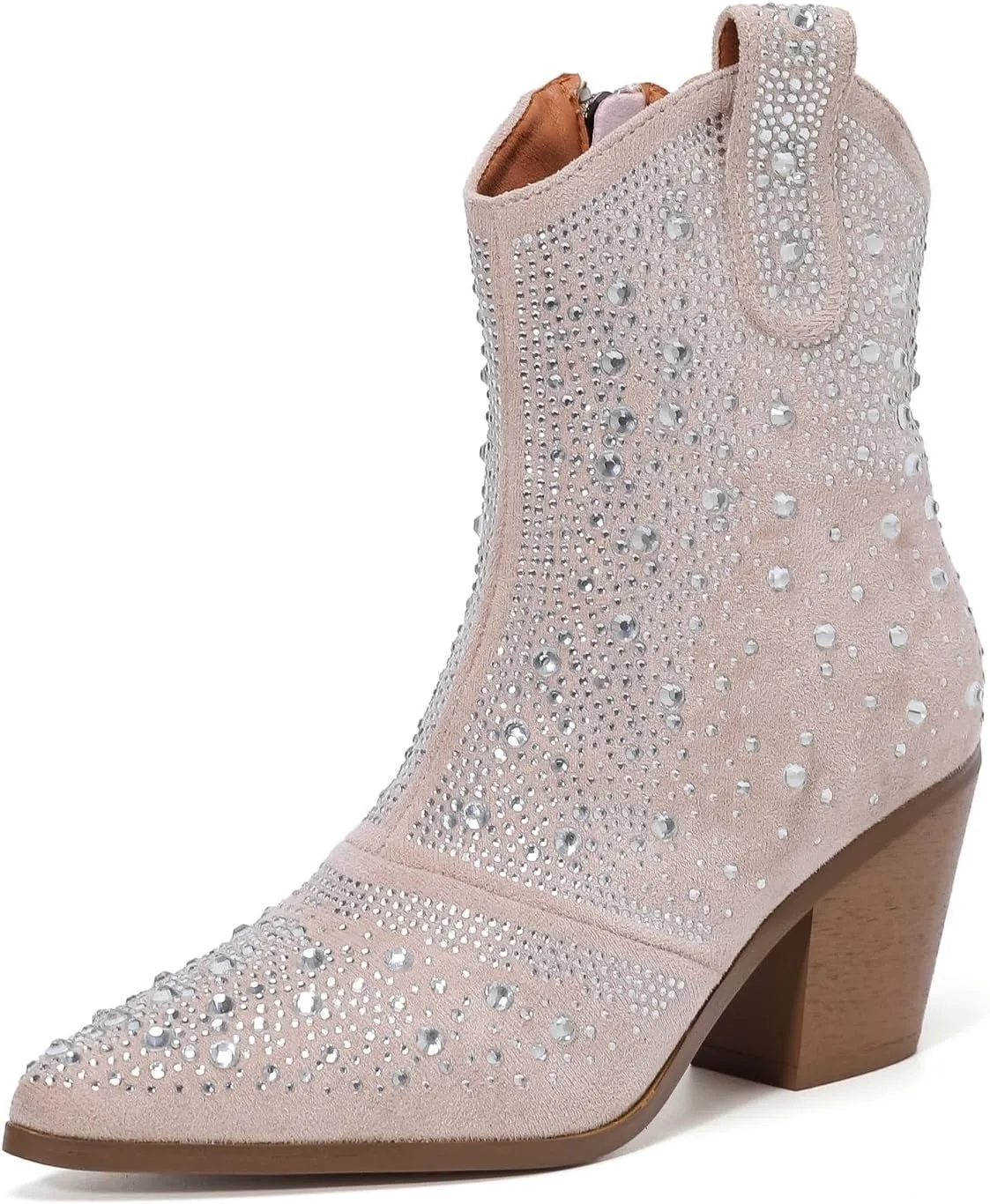 kkdom Women's Fashion Sparkly Rhinestone Boots Side Zipper Bling Diamond Chunky Heel Ankle Boots Pointy Toe Block High Heeled Combat Boots