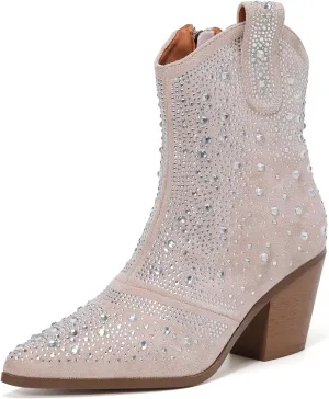 kkdom Women's Fashion Sparkly Rhinestone Boots Side Zipper Bling Diamond Chunky Heel Ankle Boots Pointy Toe Block High Heeled Combat Boots