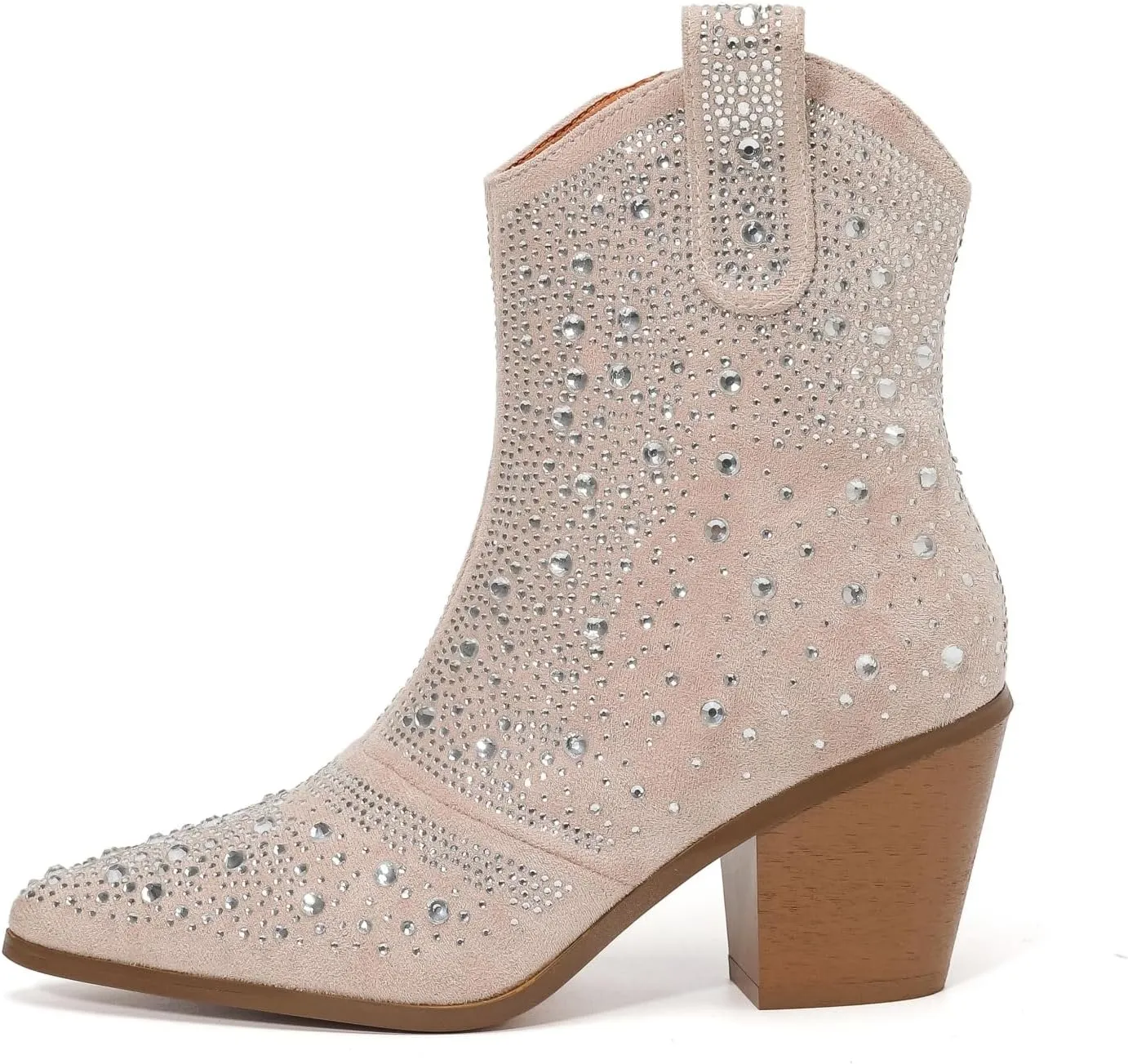kkdom Women's Fashion Sparkly Rhinestone Boots Side Zipper Bling Diamond Chunky Heel Ankle Boots Pointy Toe Block High Heeled Combat Boots