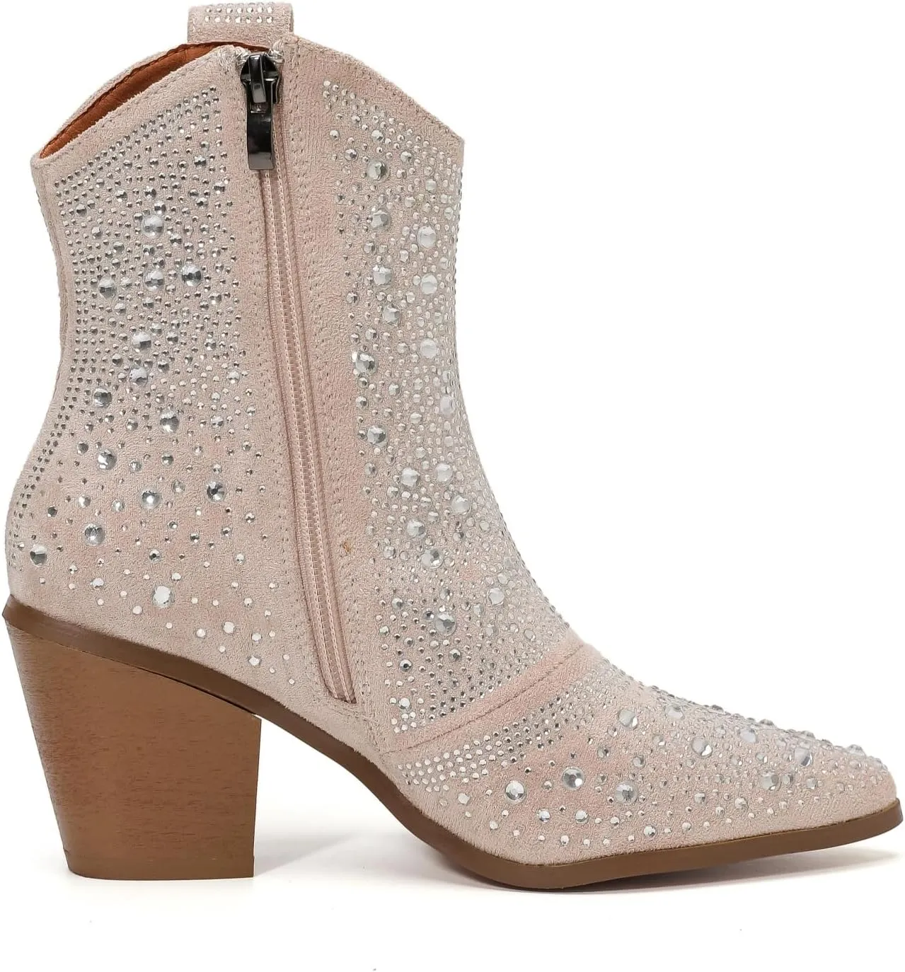 kkdom Women's Fashion Sparkly Rhinestone Boots Side Zipper Bling Diamond Chunky Heel Ankle Boots Pointy Toe Block High Heeled Combat Boots