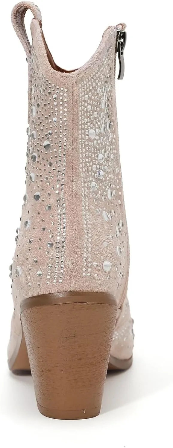 kkdom Women's Fashion Sparkly Rhinestone Boots Side Zipper Bling Diamond Chunky Heel Ankle Boots Pointy Toe Block High Heeled Combat Boots