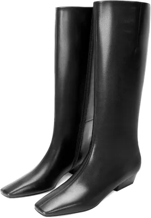 Knee High Boots for Women Kitten Low Block Heel Wide Calf Square Toe Crocodile Boots Flat Tall Boots with Side Zipper Riding Gogo Boots