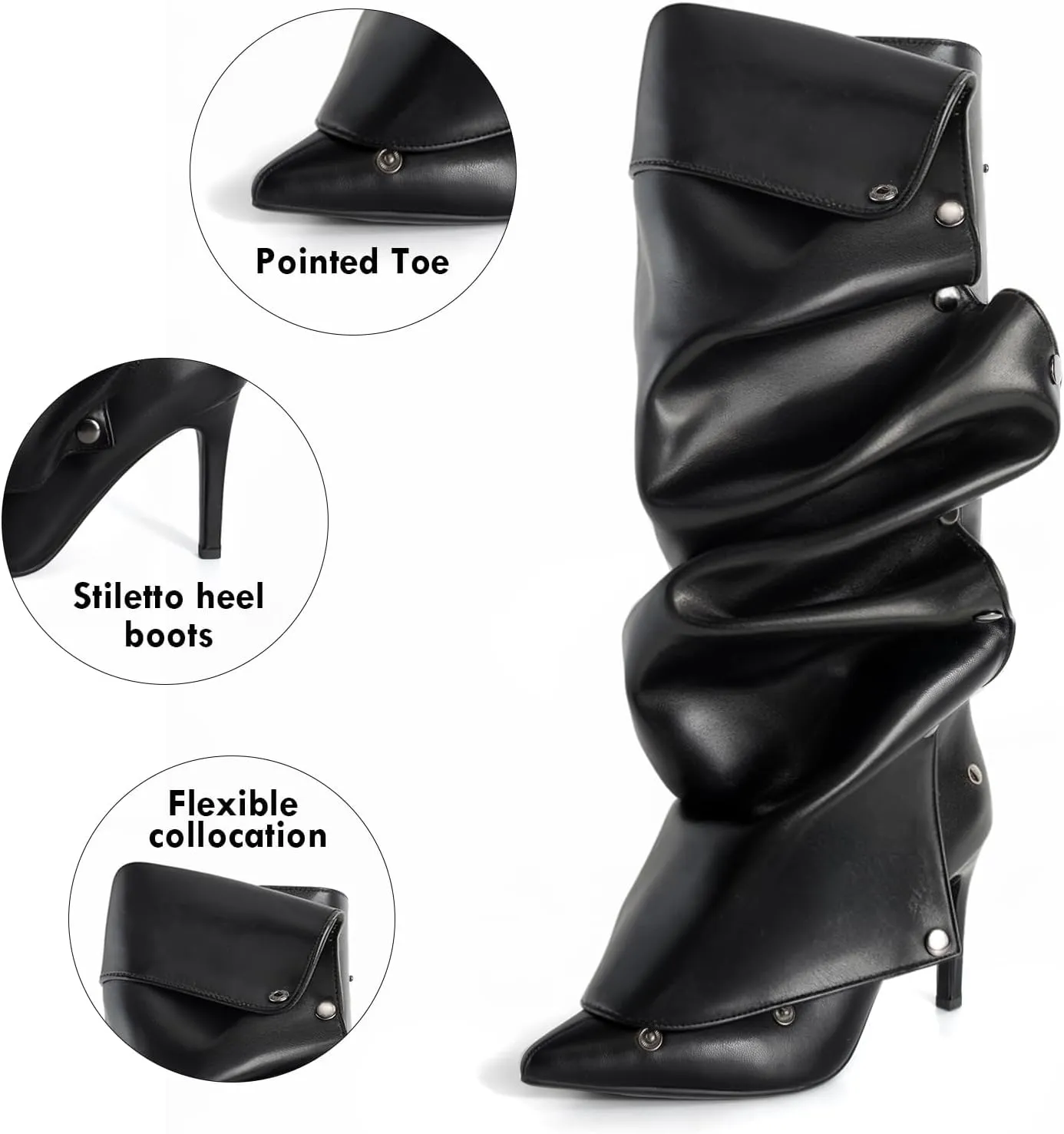 Knee High Boots for Women, Thigh High Boots Stiletto Pointed Toe Slouchy Boot Heel Boots Fold over Shark boot