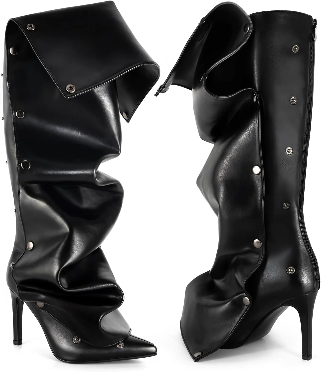 Knee High Boots for Women, Thigh High Boots Stiletto Pointed Toe Slouchy Boot Heel Boots Fold over Shark boot